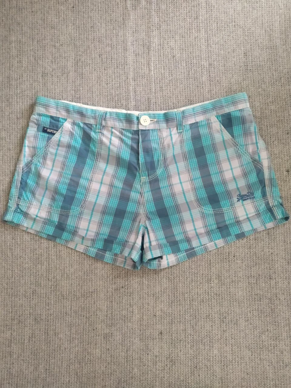 Superdry Cotton Plaid Shorts Women M Turquoise Blue Y2K